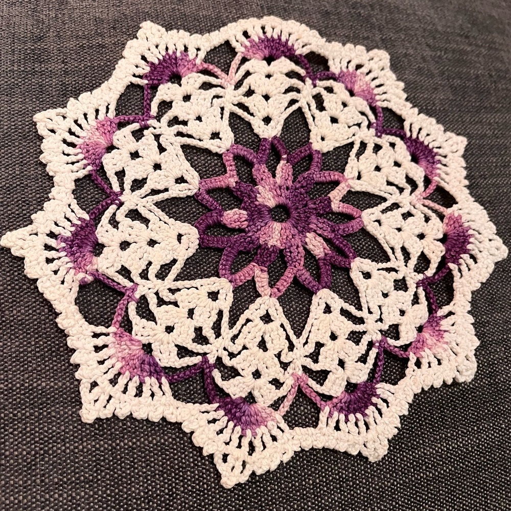 Handmade Crochet Doily in Purple and White. Vintage. Handmade